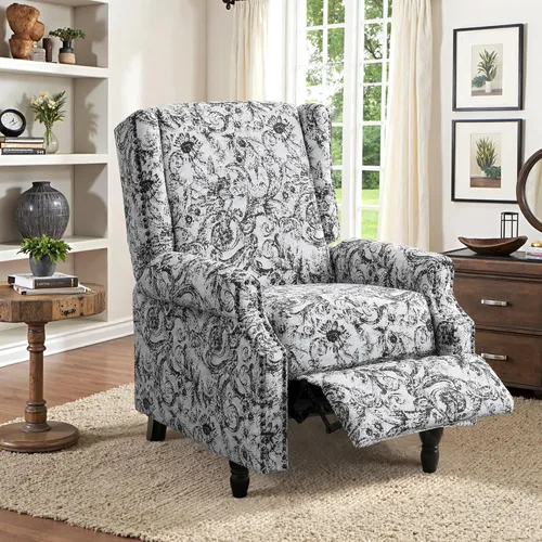 Miniatura 18 de Silla decorativa floral con respaldo alto, sillón tapizado con patas de madera maciza, cómodo sofá individual de lectura con respaldo alado
