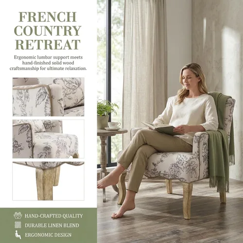 Miniatura 3 de Silla decorativa floral cómoda de tela, cómoda silla de lectura tapizada moderna con almohada extraíble con respaldo alado para sala de estar, Beige