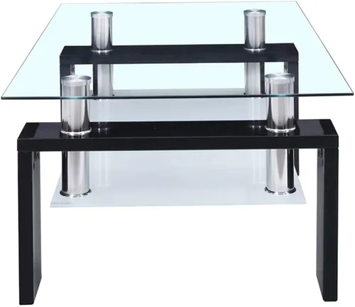 Miniatura 3 de Mesa de centro rectangular de cristal, moderna mesa de centro lateral con estante inferior, patas de madera para muebles de sala de estar (negro)