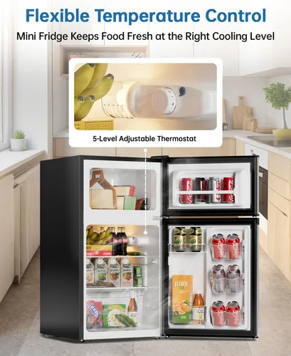 Miniatura 5 de Mini refrigerador de 3.2 pies cúbicos con congelador, ahorro energético, congelador vertical de doble puerta para dormitorio, oficina y dormitorio