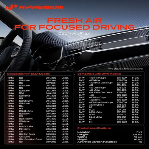 Miniatura 2 de Filtro de aire de cabina A-Premium con carbón activado Compatible con BMW 320i, 320i xDrive, 328d, 328i, 330e, 330i, 330i xDrive, 335i, 428i, 430i