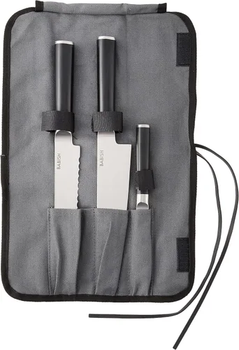 Babish - Juego de cubertería alemán de acero de alto carbono 1.4116, 3 piezas (cuchillo de chef, pan y pelador) con rollo de cuchillos de cocina