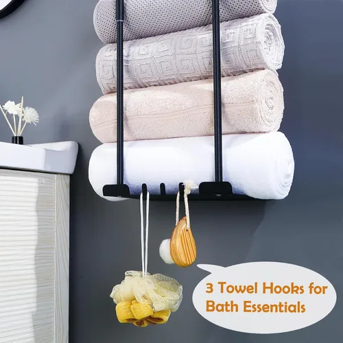 Miniatura 5 de Toallero de metal para colgar en la pared del baño, toallero de baño negro para almacenamiento de toallas de baño con ganchos para colgar y estante