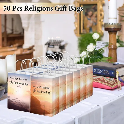 Miniatura 5 de Zhanmai - 50 bolsas de regalo cristianas a granel, cruz, religioso, versículo bíblico, bolsas de papel inspiradoras con asas para Vbs, fiesta