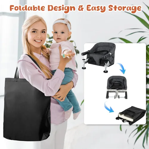 Miniatura 6 de Silla alta de gancho con bandeja desmontable, silla alta portátil plegable de viaje para bebé, asiento de alimentación ligero con bolsa de Negro