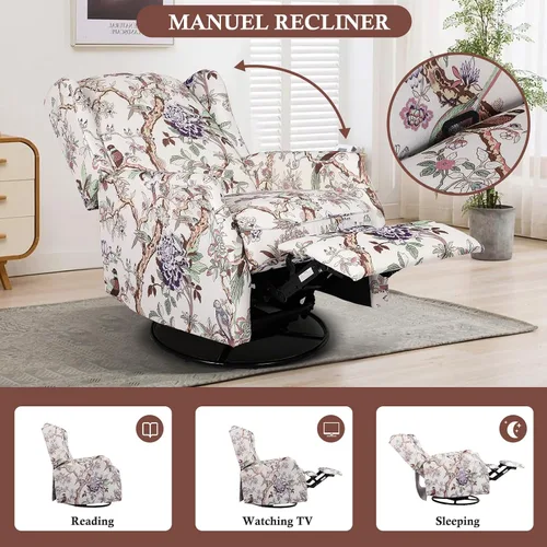 Miniatura 4 de Silla reclinable giratoria, mecedora deslizante para guardería, silla reclinable floral con respaldo de ala, silla reclinable en liquidación, silla