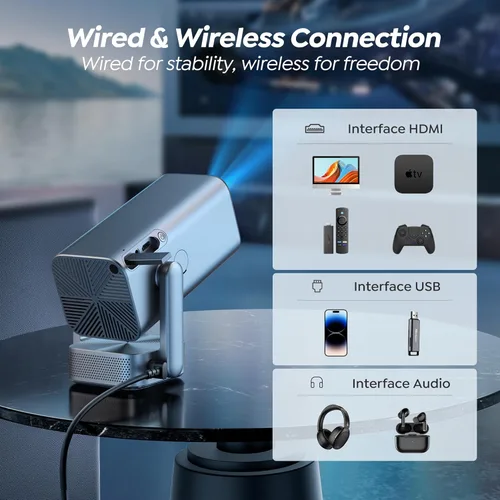 Miniatura 6 de Mini proyector con WiFi y Bluetooth, soporte 4K/enfoque eléctrico: proyector portátil nativo 1080P para exteriores, soporte ajustable