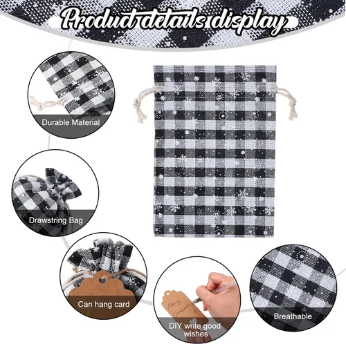 Miniatura 3 de Shappy 24 bolsas de Navidad con cordón, bolsas de arpillera a cuadros de Navidad, bolsas de lino con cuerda de 32.8 pies, 24 tarjetas