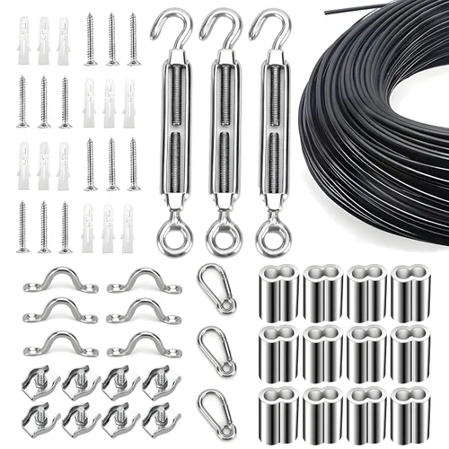 Miniatura 30 de Kit de suspensión de luces de cuerda de globo, cable guía de luz para exteriores, cable de acero inoxidable recubierto de vinilo, incluye 50 pies