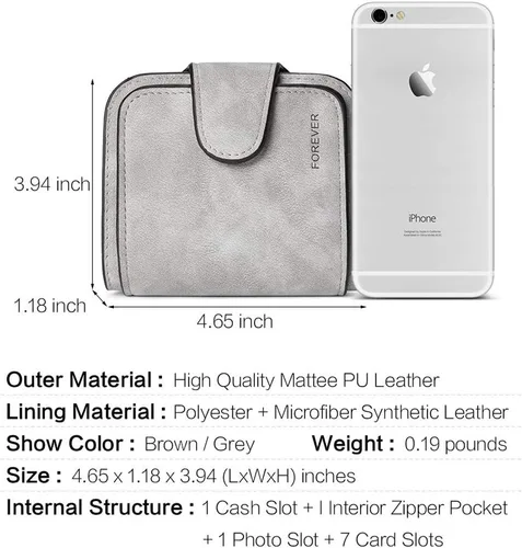 Miniatura 5 de KELEEL Cartera de cuero para mujer, monedero de embrague para tarjetas de crédito, soporte para monedas, plegable, Gris corto, Classic
