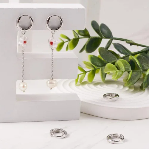 Miniatura 2 de Fashewelry 10 piezas de aretes de aro Huggie – Ganchos redondos de platino real, aros gruesos de latón con lazo para hacer joyas, colgar y perforar