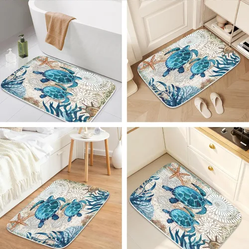 Miniatura 4 de Alfombra de baño de terciopelo coral con diseño náutico de tortugas marinas, animales de playa, tapete de ducha antideslizante para baño de océano