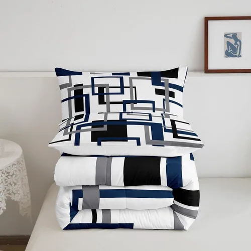 Miniatura 5 de Erosebridal Edredón Cuadrado para Niños y Niñas, Juego de Ropa de Cama Negro y Gris Blanco Azul Marino, Juego de Edredón Geométrico Completo
