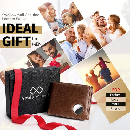 Miniatura 33 de Swallowmall AirTag Billetera para hombre con bloqueo RFID, de piel auténtica, plegable, para AirTag con 1 ventana de identificación, 13 tarjeteros