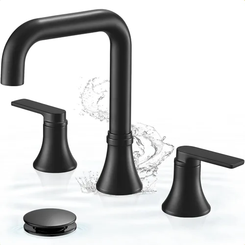 Grifo de baño negro generalizado de 360 grados giratorio para fregadero de 3 agujeros de 4 a 10 pulgadas, 2 manijas con drenaje desplegable y