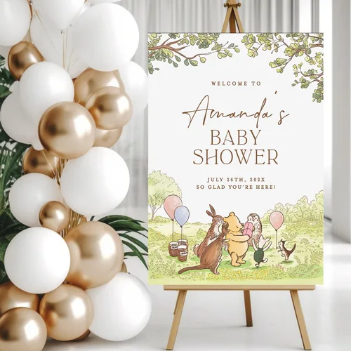 Miniatura 2 de Letrero personalizado para baby shower de oso Pooh, diseño clásico de vegetación personalizada, letrero de bienvenida para patio de baby shower
