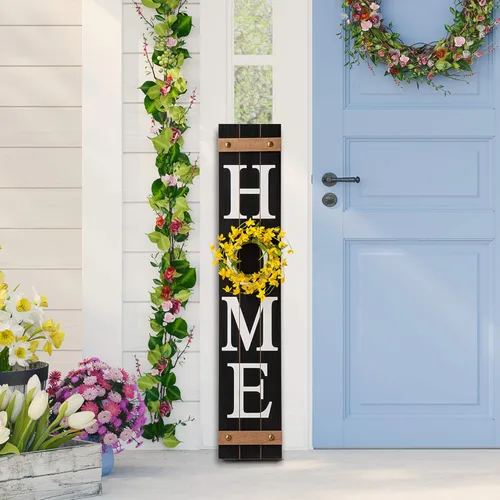 Miniatura 2 de Glitzhome - Letrero con palabra en inglés «Welcome» para puerta delantera, porche, rústico, de madera, con 3 coronas de flores intercambiables