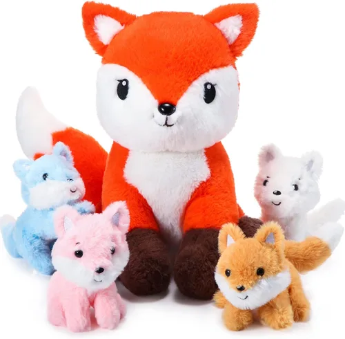 HyDren Juego de 5 juguetes de peluche de zorro de 14 pulgadas con 4 lindos zorros de peluche en el abdomen, suaves peluches de zorro para baby