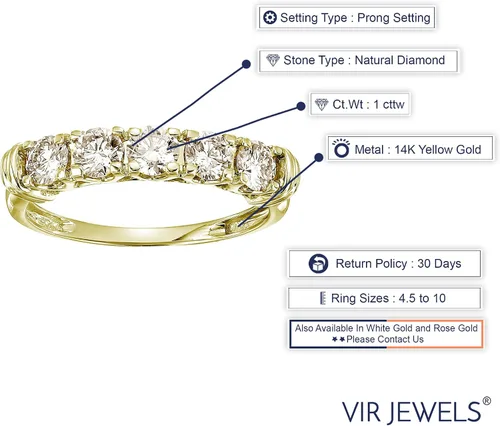 Miniatura 7 de Vir Jewels Anillo de compromiso con diamantes de 1 cttw certificado SI2-I1 de 5 piedras de oro amarillo de 14 quilates