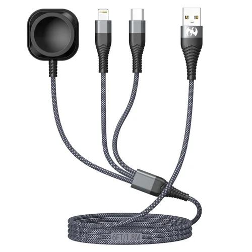 Cable de carga múltiple de 6 pies para Apple Watch, puerto USB AM trenzado de nailon a Lightning tipo C, cable USB C para iWatch, cargador