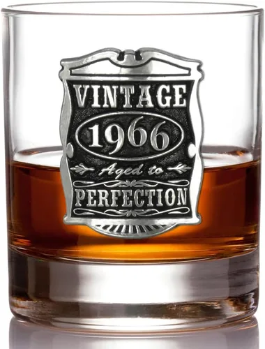 English Pewter Company Vintage Years 1966 - Vaso de vidrio para 60º cumpleaños o aniversario, diseño de whisky Rocks, idea de regalo única para