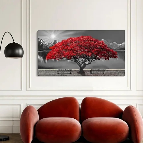 Miniatura 8 de Mofutinpo Arte de Pared de Árbol Rojo en Blanco y Negro Impresión en Lienzo Cuadro Paisaje de Árbol Rojo Grande Obra de Arte Moderna para Sala