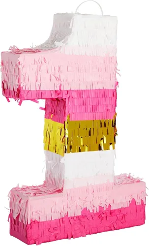 BLUE PANDA Piñata de margarita número 1, 16.5 x 11 x 3 pulgadas, rosa y dorada, piñata de princesa de 1 año para decoración de primer cumpleaños de