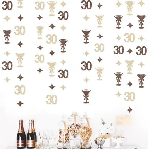 Miniatura 13 de Decoraciones de cumpleaños negras con lazo del 30 aniversario, guirnalda de lazos coquette con purpurina, pancarta serpentina para mujeres