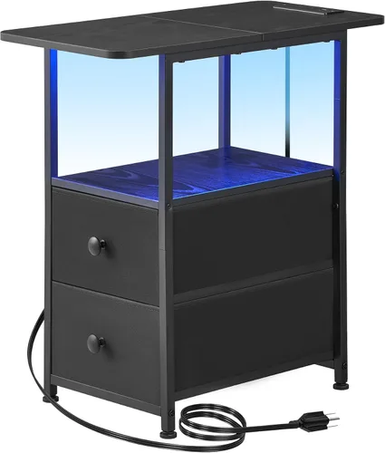 Miniatura 15 de DALEMHOME Mesa auxiliar estrecha con estación de carga, mesa auxiliar estrecha con cajón, mesita de noche pequeña con luz LED, mesita de noche Negro