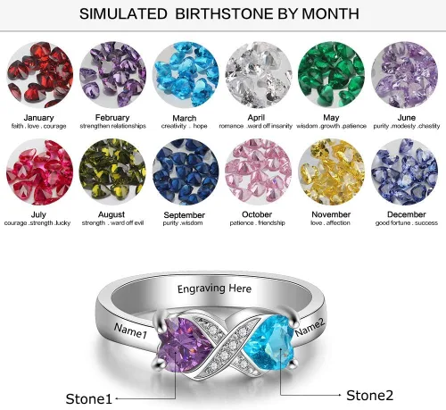 Miniatura 2 de Anillo personalizado para madres infinitas con 2 piedras natales de imitación de corazón, anillos de compromiso para mujer
