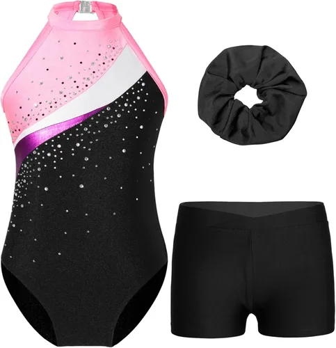 XUNZOO Kids Girls Ballet Dance Outfits Shiny Sleeveless Gymnastic Leotard with Athletic Shorts Hair Band Tracksuit