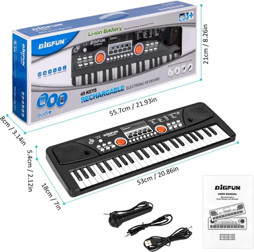 Miniatura 9 de Teclado de piano para niños, piano eléctrico de 49 teclas, juguete de aprendizaje musical para principiantes con micrófono, juguetes musicales