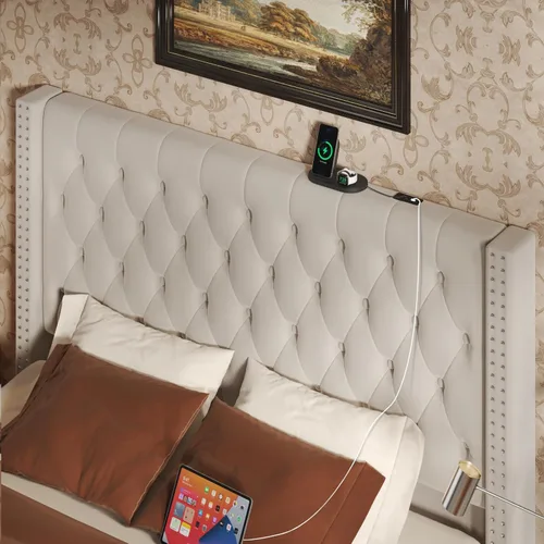 Miniatura 3 de CIKUNASI Base de cama tapizada de terciopelo tamaño Queen con cabecera y almacenamiento, marco de cama alto con 2 cajones, base de cama copetuda