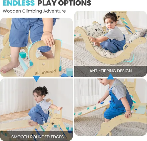 Miniatura 5 de BlueWood Conjunto de Triángulo Pikler con Cojín, Juguetes de Escalada 8 en 1 para Niños Pequeños, Gimnasio de Juegos de Filosofía Montessori