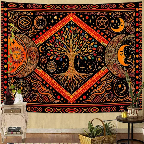 Miniatura 21 de Lunerfex Tapiz de árbol de la vida, tapiz de pared de fase lunar, tapices verdes para dormitorio, techo, tapices para colgar en la pared