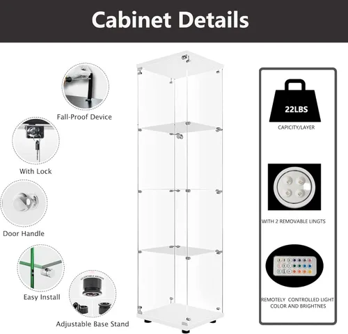 Miniatura 3 de Vitrina de cristal con luces y cerradura, vitrina Curio de 4 niveles con puerta de cristal, escaparate de pie para sala de estar, dormitorio, Blanco