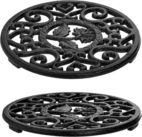 Miniatura 4 de Coloch Paquete de 2 salvamanteles de hierro fundido con clavijas, salvamanteles redondos de metal de 4.6 pulgadas con patrones vintage inoxidables
