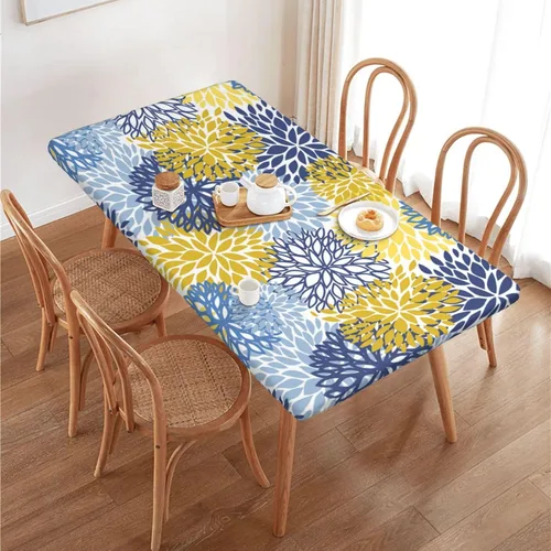 Miniatura 33 de Fiokroo Mantel de Flores de Crisantemo Azul, Amarillo y Azul Marino con Borde Elástico, Mantel Redondo Lavable y Reutilizable Cubierta de Mesa