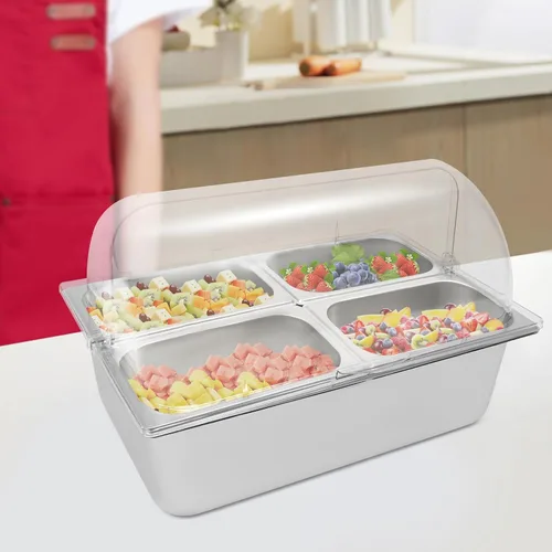Recipiente de acero inoxidable para servir alimentos de 4 bandejas con tapa, servidor de condimentos con cucharas, abrazaderas, bolsas de agua para