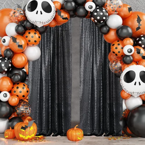 Miniatura 3 de Sugargirl Telón de fondo de lentejuelas negro para Halloween, 4 paneles de 2 pies x 8 pies, cortinas brillantes con purpurina, fondo negro
