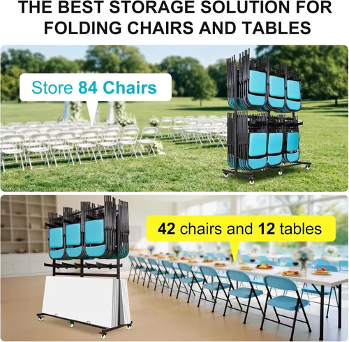 Miniatura 3 de Carrito de silla plegable de 800 libras de capacidad, estante resistente de 2 niveles con ruedas de bloqueo para 84 sillas, carrito