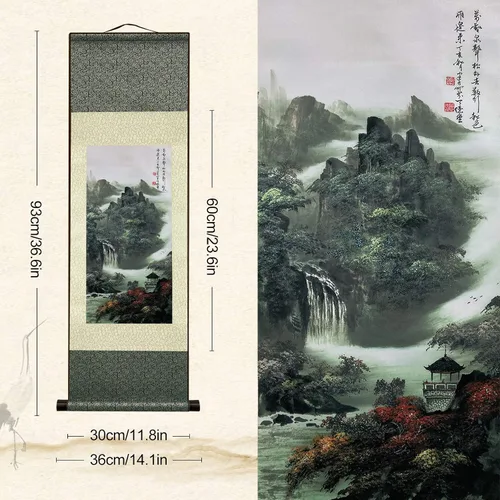 Miniatura 3 de AtfArt Decoración asiática de pared, hermosa pintura de pergamino de seda del paisaje del río de la cascada - Montaña, primavera, otoño