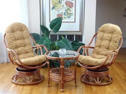 Miniatura 6 de Salón giratorio mecedora Bali silla de mimbre de ratán natural con cojín marrón claro, coñac