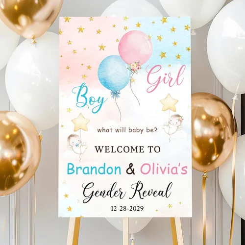 Miniatura 25 de Letrero de bienvenida personalizado de revelación de género con soporte, letrero de revelación de género para niño o niña, letreros de revelación