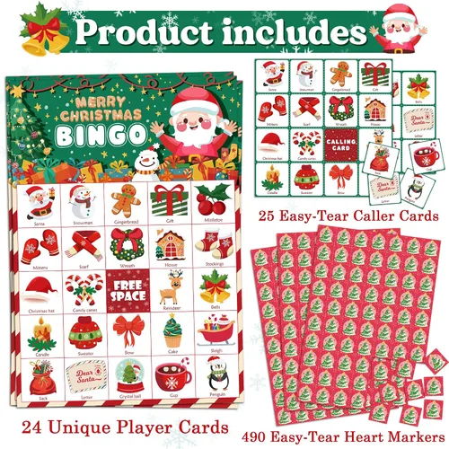 Miniatura 3 de OHOME Juegos de Navidad Bingo de Navidad para niños – 24 jugadores, manualidades de Navidad, actividades, regalos de fiesta para familias, regalos