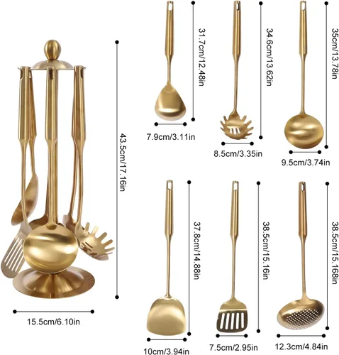 Miniatura 5 de Juego de utensilios de cocina dorados de 7 piezas con soporte, utensilios de cocina de acero inoxidable, herramientas de cocina de metal, juego