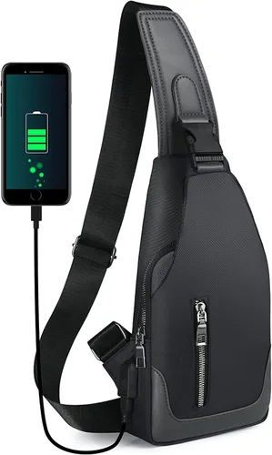 Aucuu Mochila bandolera con puerto de carga USB, bolsa de pecho cruzada para hombres, senderismo, ciclismo, viajes, color negro, Negro -, Mochila