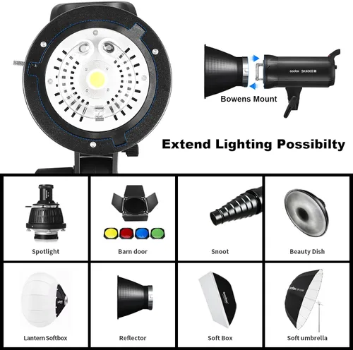Miniatura 5 de Godox SK400II-V 400Ws Luz de Flash Estroboscópica para Estudio Fotográfico Monolight con Montura Bowens y Lámpara de Modelado LED de 10W