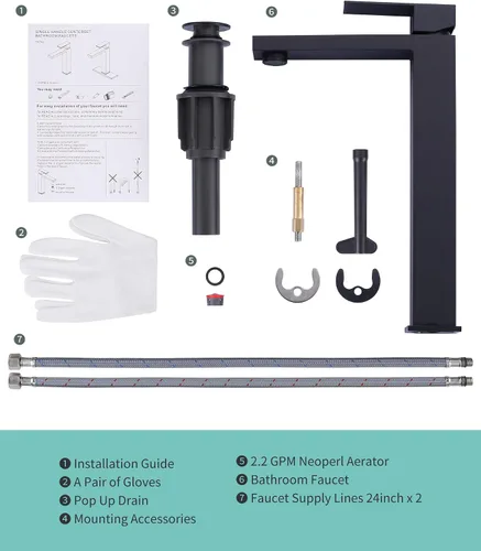 Miniatura 6 de Llave de fregadero de lavabo negro mate, ARCORA llave de baño alta de una sola manija, llave de lavabo de un solo agujero para tocador con desagüe