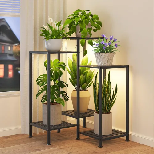 Miniatura 10 de iDavosic.ly Soporte para plantas de 4 niveles para interiores con ruedas, estante de metal escalonado para flores al aire libre para macetas Negro